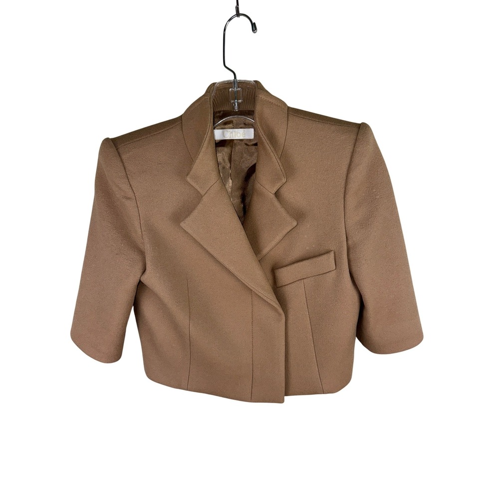 Chloe Cropped Camel Virgin Wool Cashmere Jacket Blazer Short Sleeve France 34